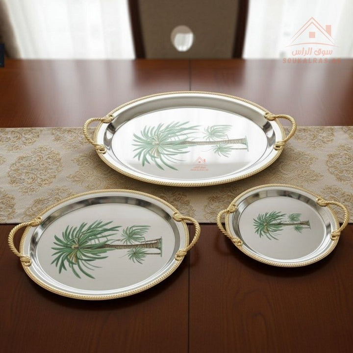 3 Pieces Luxury Palm Design Serving Trays Set | Stainless Steel & Gold Finish |Ideal for serving coffee, tea, snacks & desserts - Souk Al Ras