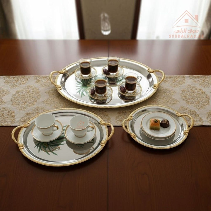 3 Pieces Luxury Palm Design Serving Trays Set | Stainless Steel & Gold Finish |Ideal for serving coffee, tea, snacks & desserts - Souk Al Ras
