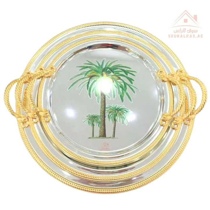 3 Pieces Luxury Palm Design Serving Trays Set | Stainless Steel & Gold Finish |Ideal for serving coffee, tea, snacks & desserts - Souk Al Ras