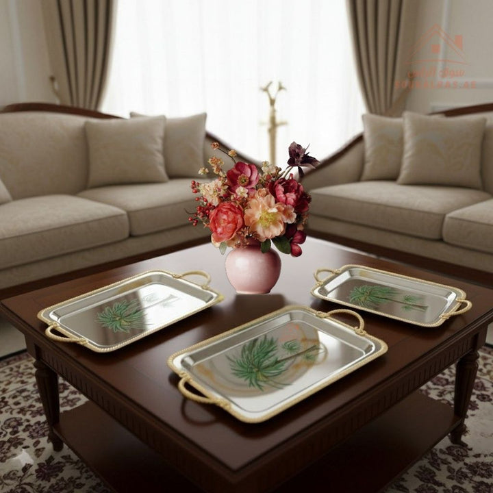 3 Pieces Luxury Palm Design Serving Trays Set | Stainless Steel & Gold Finish |Ideal for serving coffee, tea, snacks & desserts - Souk Al Ras