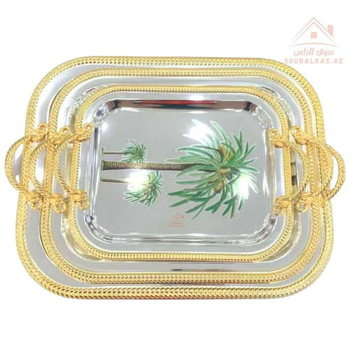 3 Pieces Luxury Palm Design Serving Trays Set | Stainless Steel & Gold Finish |Ideal for serving coffee, tea, snacks & desserts - Souk Al Ras