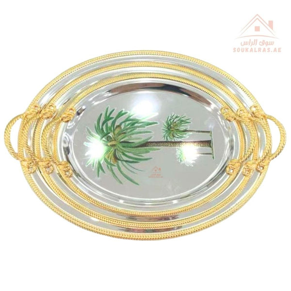 3 Pieces Luxury Palm Design Serving Trays Set | Stainless Steel & Gold Finish |Ideal for serving coffee, tea, snacks & desserts - Souk Al Ras