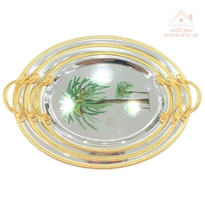 3 Pieces Luxury Palm Design Serving Trays Set | Stainless Steel & Gold Finish |Ideal for serving coffee, tea, snacks & desserts - Souk Al Ras