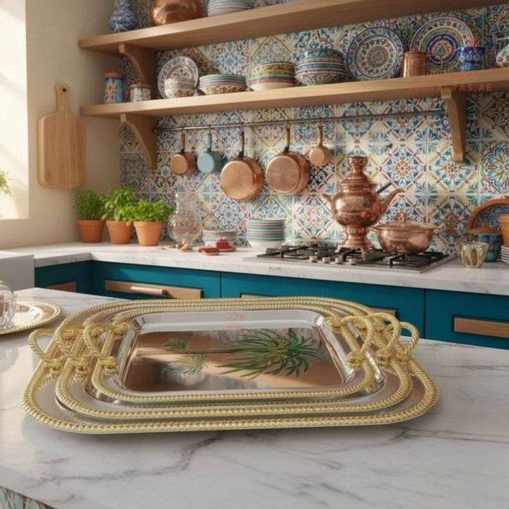 3 Pieces Luxury Palm Design Serving Trays Set | Stainless Steel & Gold Finish |Ideal for serving coffee, tea, snacks & desserts - Souk Al Ras