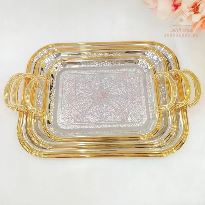 3 Pieces Luxury Serving Trays Set | Stainless Steel & Gold Finish |Ideal for serving coffee, tea, snacks & desserts - Souk Al Ras