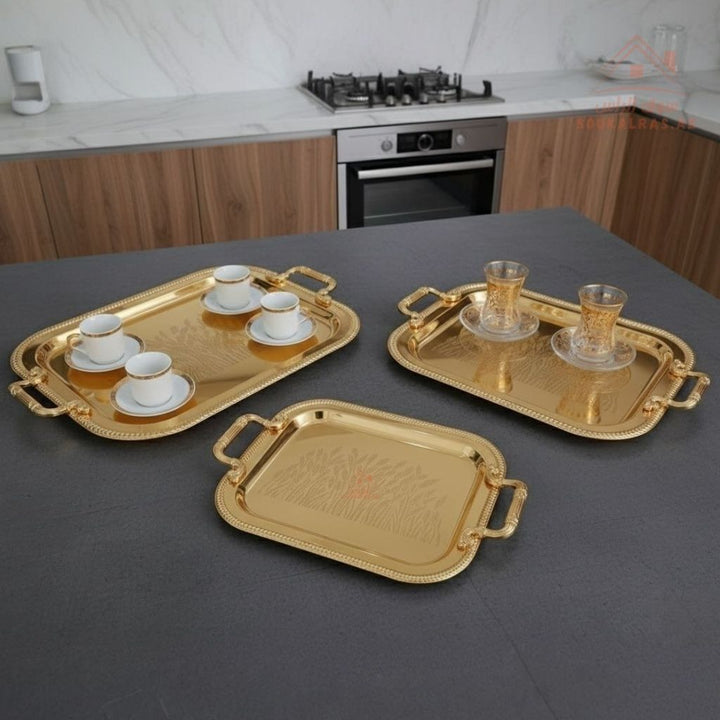 3 Pieces Luxury Serving Trays Set | Stainless Steel & Gold Finish |Ideal for serving coffee, tea, snacks & desserts - Souk Al Ras