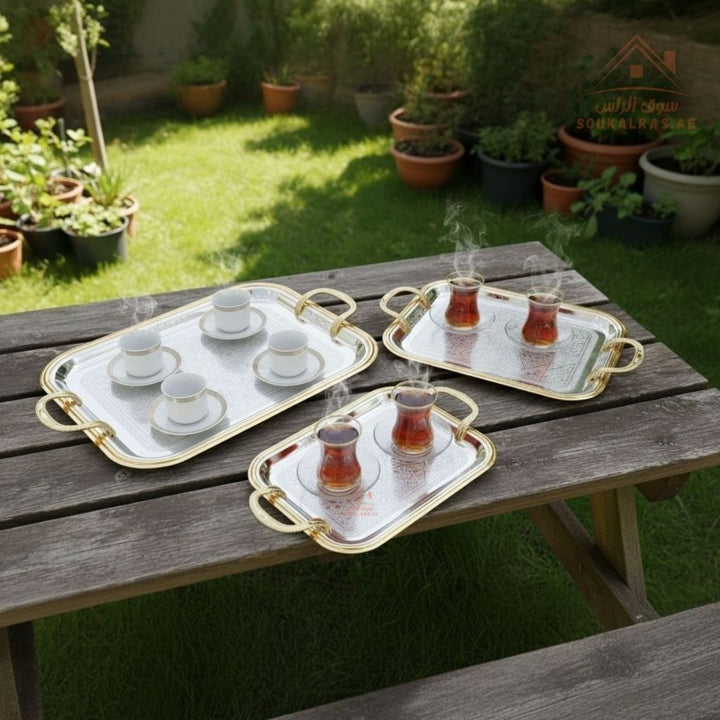 3 Pieces Luxury Serving Trays Set | Stainless Steel & Gold Finish |Ideal for serving coffee, tea, snacks & desserts - Souk Al Ras