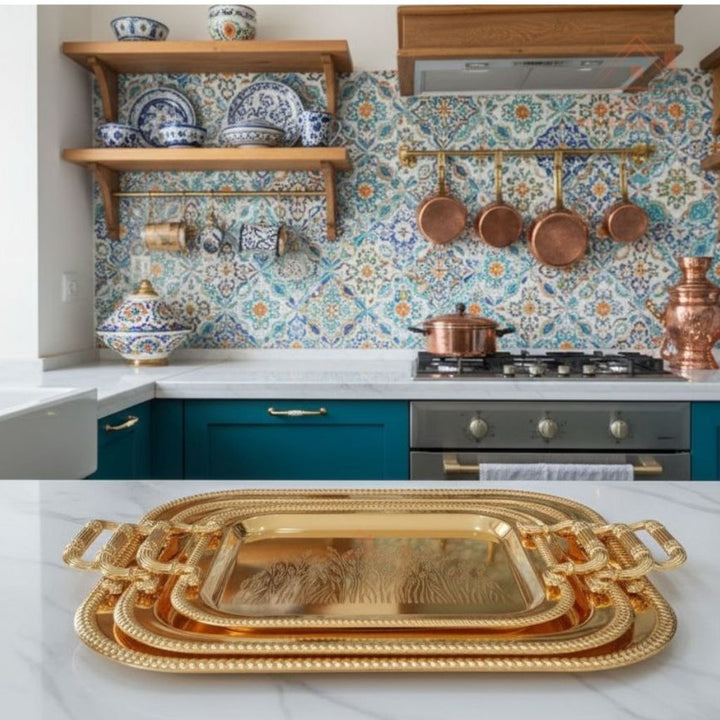 3 Pieces Luxury Serving Trays Set | Stainless Steel & Gold Finish |Ideal for serving coffee, tea, snacks & desserts - Souk Al Ras