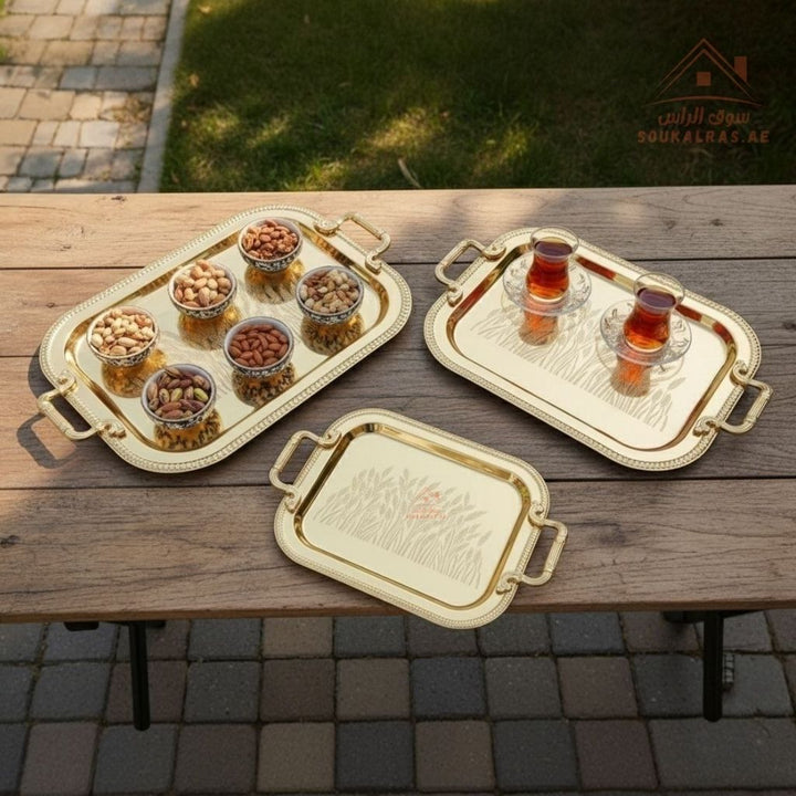 3 Pieces Luxury Serving Trays Set | Stainless Steel & Gold Finish |Ideal for serving coffee, tea, snacks & desserts - Souk Al Ras