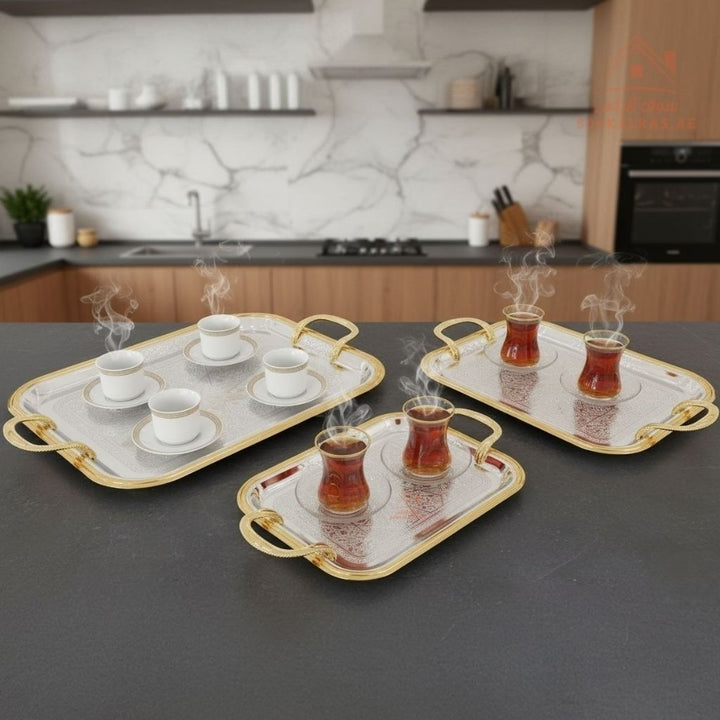 3 Pieces Luxury Serving Trays Set | Stainless Steel & Gold Finish |Ideal for serving coffee, tea, snacks & desserts - Souk Al Ras