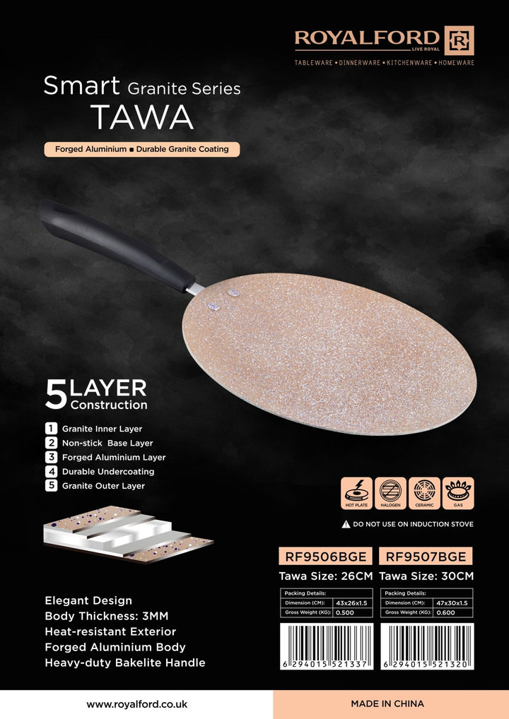 30CM Marble Coated Aluminium Smart Tawa - Black & Beige - Souk Al RasCookware