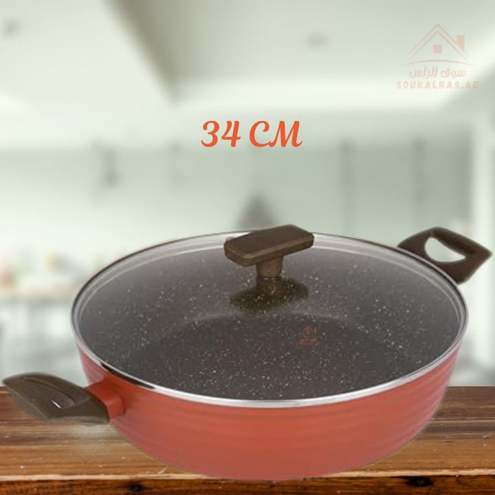 34CM Legend Shallow Casserole with Tempered glass lid with steam vent | Non - Stick Granite Coating | Eco - Friendly - Souk Al Ras