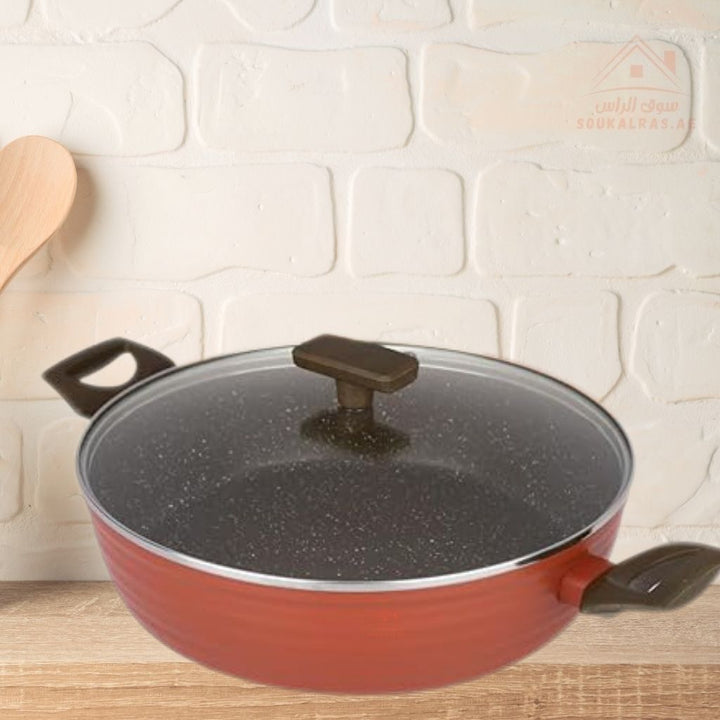 34CM Legend Shallow Casserole with Tempered glass lid with steam vent | Non - Stick Granite Coating | Eco - Friendly - Souk Al Ras