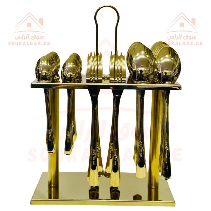 36 - Piece Gold Cutlery Set with Stand | Elegant Design for Dining | Premium Stainless Steel Utensils | Includes 12 Forks, 12 Spoons, 12 Tea and Sweet Spoons - Souk Al RasCutlery Sets