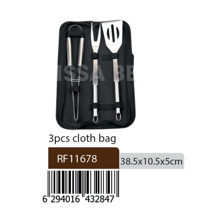 3Pcs Stainless Steel BBQ Tools Set With Cloth Bag