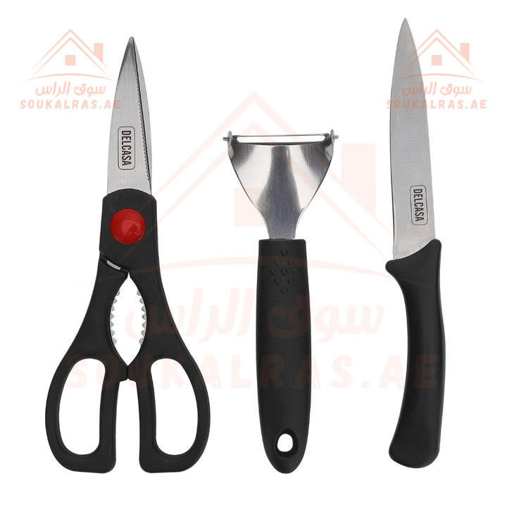 3Pcs Knife Set with Polymer Handle - Scissor, Knife, and Peeler - Souk Al RasKitchen Knives