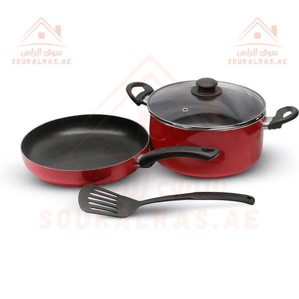 4 - Piece Non - Stick Cookware Set 24 cm casserole with lid, a 26 cm frypan, and a nylon turner - Souk Al RasPots & Pans