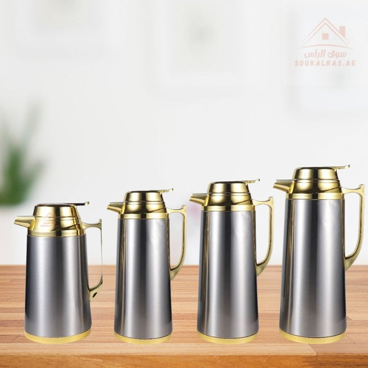 4 - Piece Stainless Steel Vacuum Flask Set | 1L, 1.3L, 1.6L, 1.9L | Premium Hot & Cold Beverage Thermal Dallah | Elegant Gold & Silver Design - Souk Al Ras