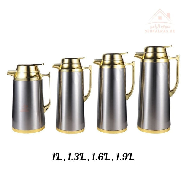 4 - Piece Stainless Steel Vacuum Flask Set | 1L, 1.3L, 1.6L, 1.9L | Premium Hot & Cold Beverage Thermal Dallah | Elegant Gold & Silver Design - Souk Al Ras