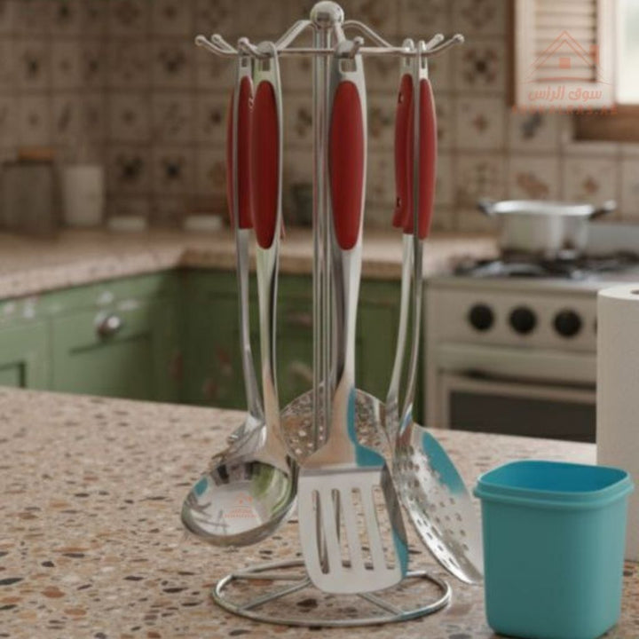 6 - Piece Stainless Steel Kitchen Utensils Set with Stand | Heat - Resistant Handles | Cooking & Serving Tools - Souk Al Ras