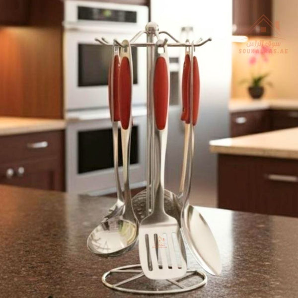 6 - Piece Stainless Steel Kitchen Utensils Set with Stand | Heat - Resistant Handles | Cooking & Serving Tools - Souk Al Ras