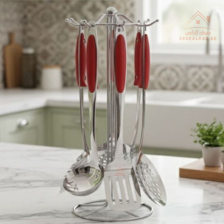 6 - Piece Stainless Steel Kitchen Utensils Set with Stand | Heat - Resistant Handles | Cooking & Serving Tools - Souk Al Ras