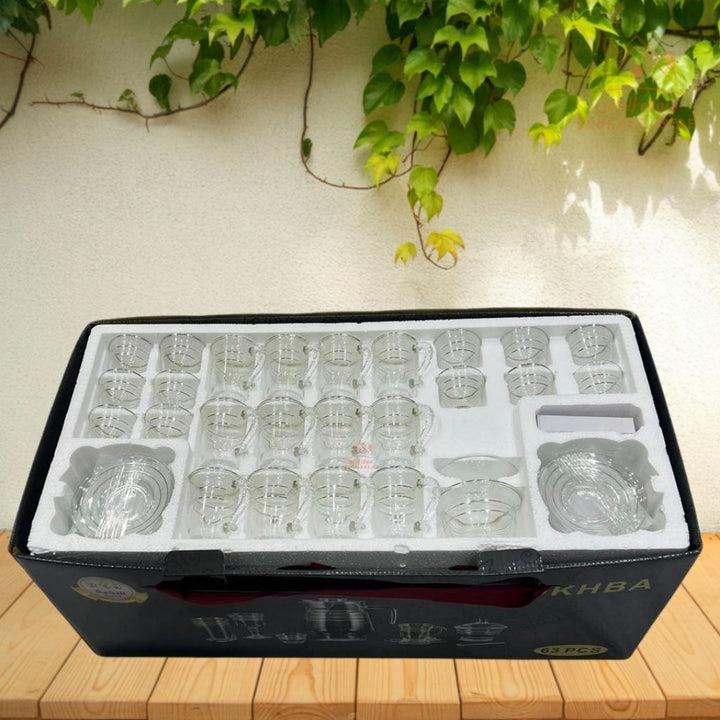 63 PCS Premium Glass Hospitality Serving Set | Elegant Jug, Cups, Plates & Spoons | Home & Majlis Serving - Souk Al Ras