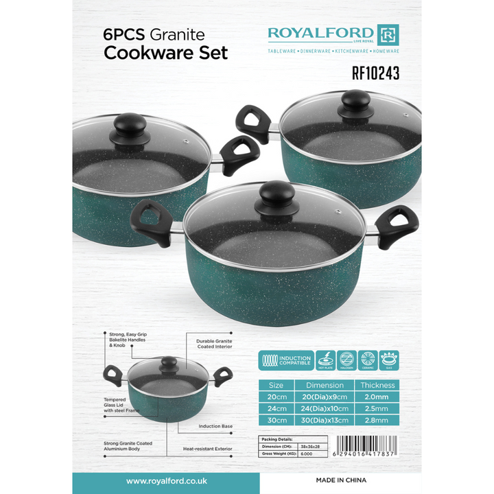 6Pcs Non Stick Cookware Set - Granite Coated - Blue