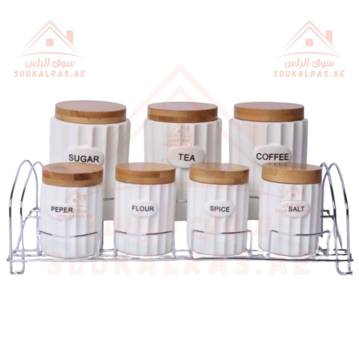 7 - Piece Ceramic Kitchen Storage Jar Set with Bamboo Lids & Metal Rack | Tea, Coffee, Sugar & Spice Containers - Souk Al Ras