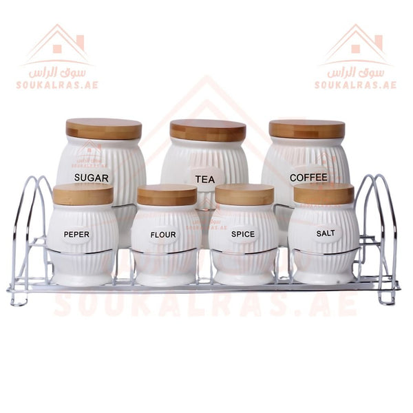 7 - Piece Ceramic Kitchen Storage Jar Set with Bamboo Lids & Metal Rack | Tea, Coffee, Sugar & Spice Containers - Souk Al Ras