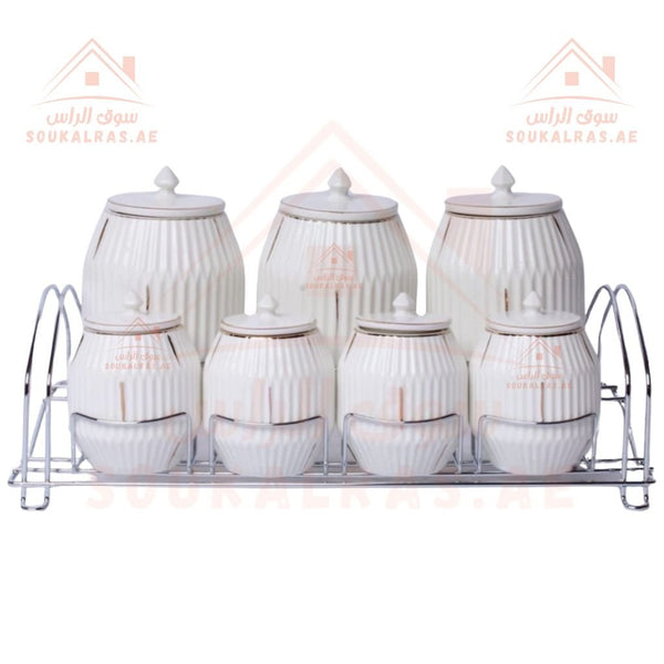 7 - Piece Ceramic Kitchen Storage Jar Set with Ceramic Lids & Metal Rack | Tea, Coffee, Sugar & Spice Containers - Souk Al Ras