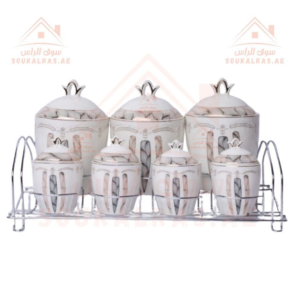 7 - Piece Ceramic Kitchen Storage Jar Set with Ceramic Lids & Metal Rack | Tea, Coffee, Sugar & Spice Containers - Souk Al Ras