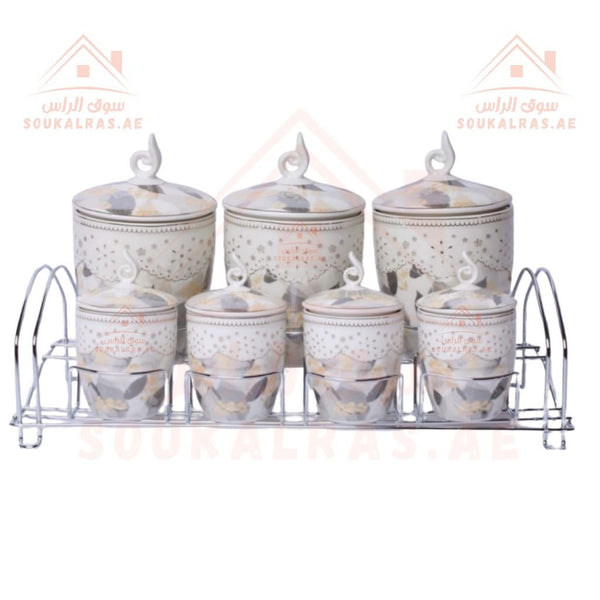 7 - Piece Ceramic Kitchen Storage Jar Set with Ceramic Lids & Metal Rack | Tea, Coffee, Sugar & Spice Containers - Souk Al Ras