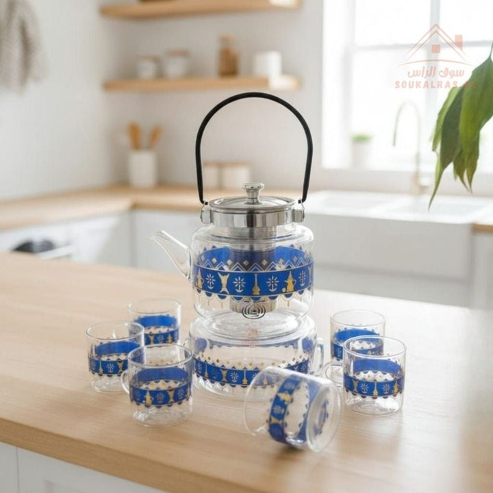 7 - Piece Glass Teapot Set with 6 Cups | Traditional Printed Tea Set – Blue, Green & Red - Souk Al Ras