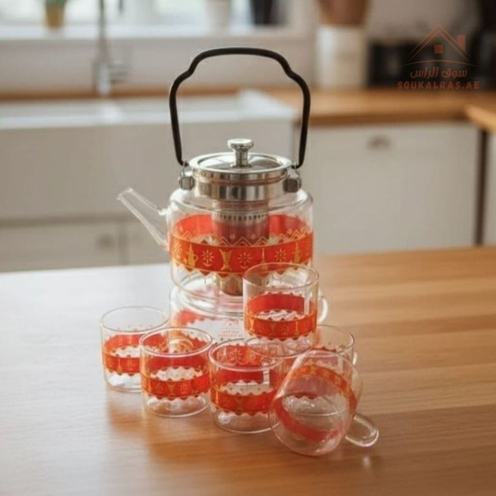 7 - Piece Glass Teapot Set with 6 Cups | Traditional Printed Tea Set – Blue, Green & Red - Souk Al Ras