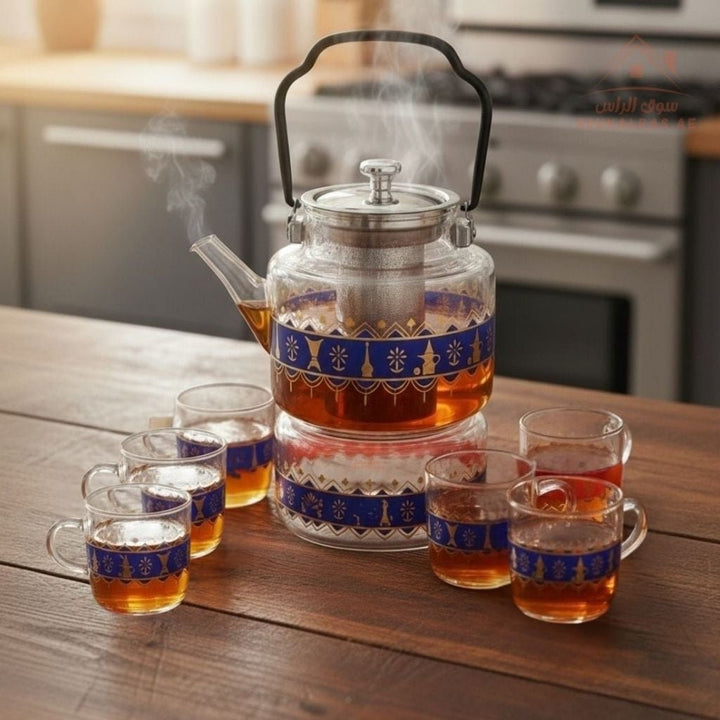 7 - Piece Glass Teapot Set with 6 Cups | Traditional Printed Tea Set – Blue, Green & Red - Souk Al Ras