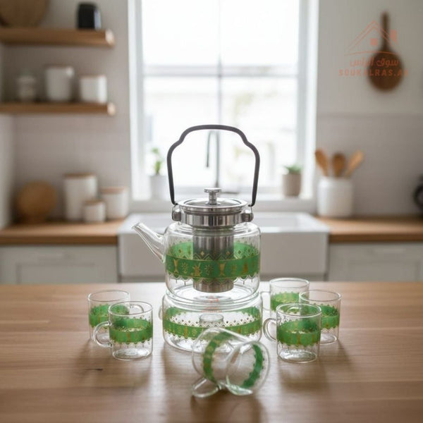 7 - Piece Glass Teapot Set with 6 Cups | Traditional Printed Tea Set – Blue, Green & Red - Souk Al Ras