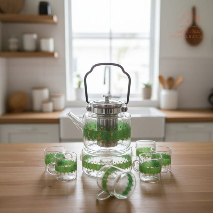 7 - Piece Glass Teapot Set with 6 Cups | Traditional Printed Tea Set – Blue, Green & Red - Souk Al Ras