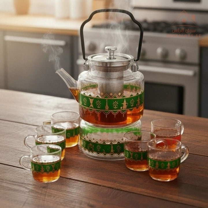 7 - Piece Glass Teapot Set with 6 Cups | Traditional Printed Tea Set – Blue, Green & Red - Souk Al Ras
