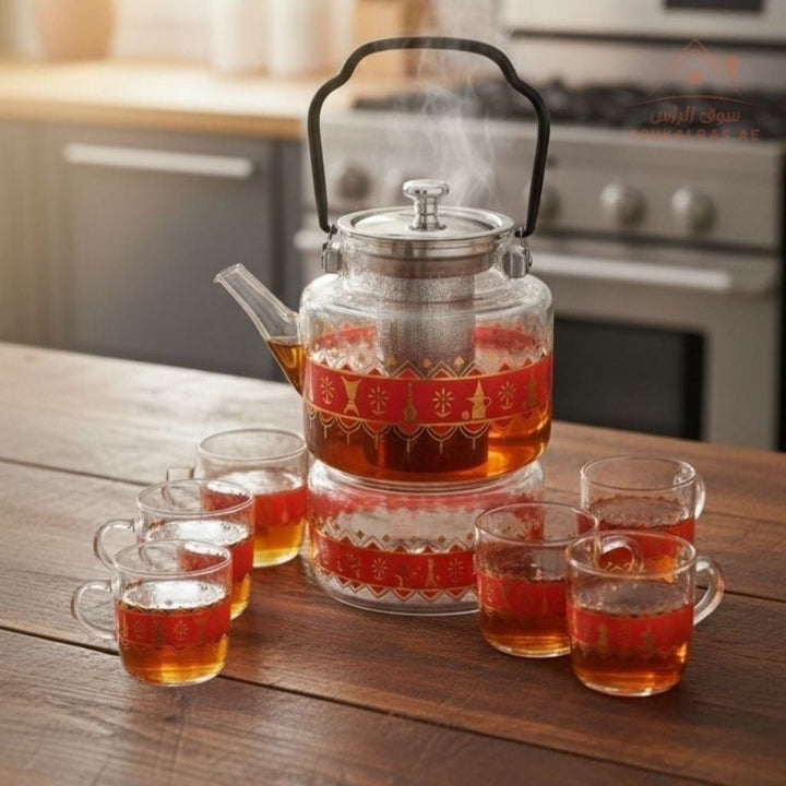 7 - Piece Glass Teapot Set with 6 Cups | Traditional Printed Tea Set – Blue, Green & Red - Souk Al Ras