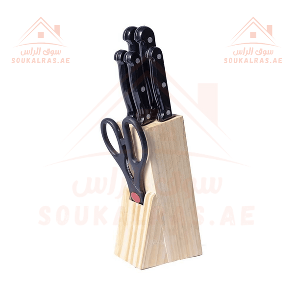 7 - Piece Knives Set with Stainless Steel Blades and Wooden Stand - Souk Al RasKitchen Knifes