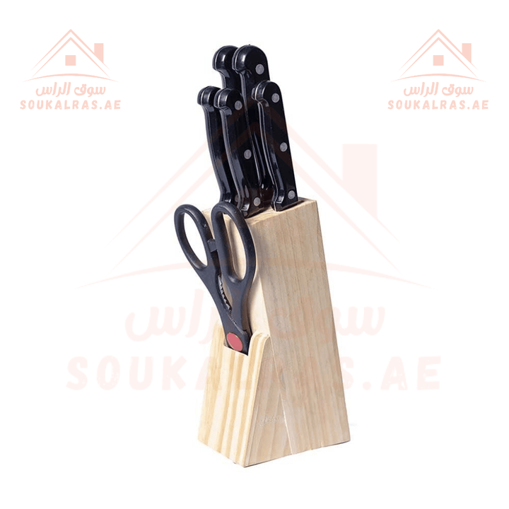 7 - Piece Knives Set with Stainless Steel Blades and Wooden Stand - Souk Al RasKitchen Knifes