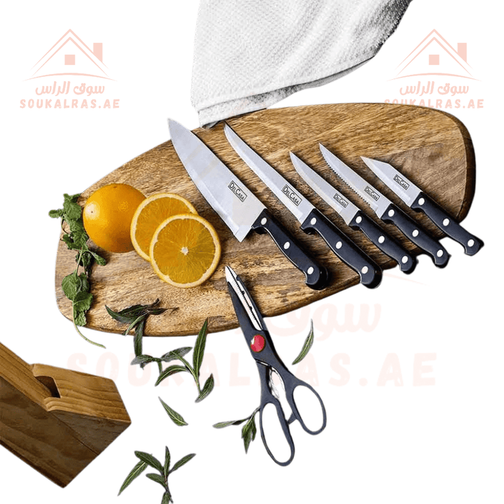 7 - Piece Knives Set with Stainless Steel Blades and Wooden Stand - Souk Al RasKitchen Knifes