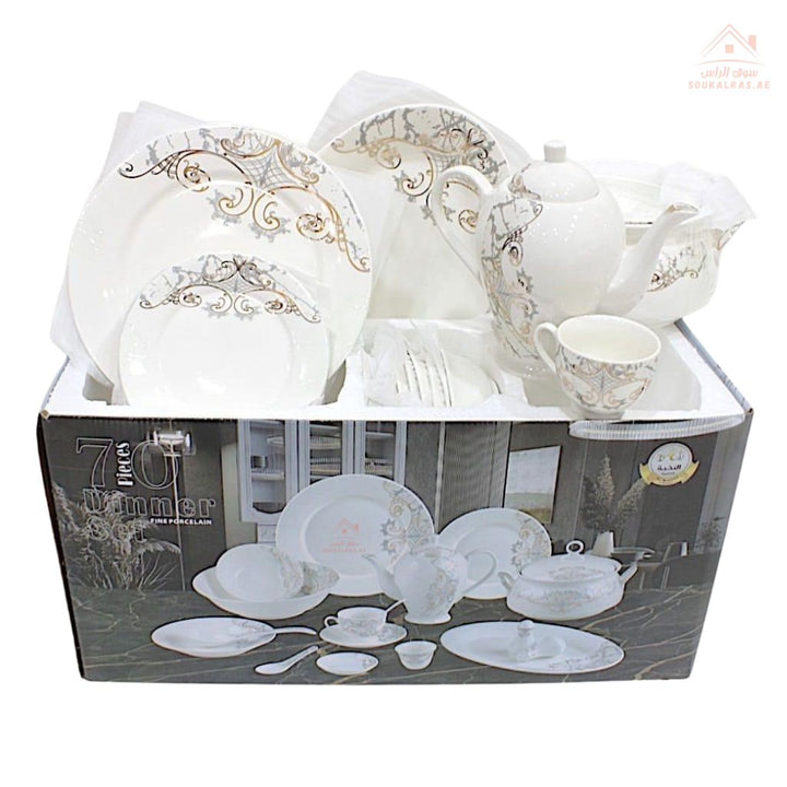 70 - Piece Elegant Porcelain Dinner Set | Luxury Tableware for 6 Guests | Elegant White & Gold Floral Design - Souk Al Ras