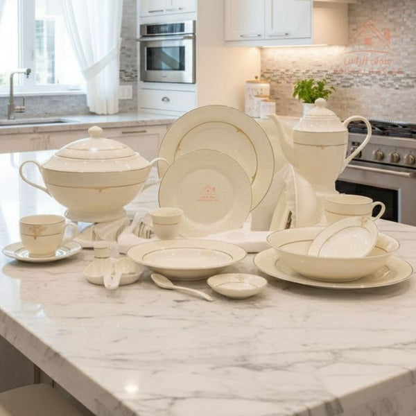 70 - Piece Fine Porcelain Dinner Set | Luxury White Dinnerware with Elegant Gold Pattern | Full Serving Set for 6 Guests - Souk Al Ras