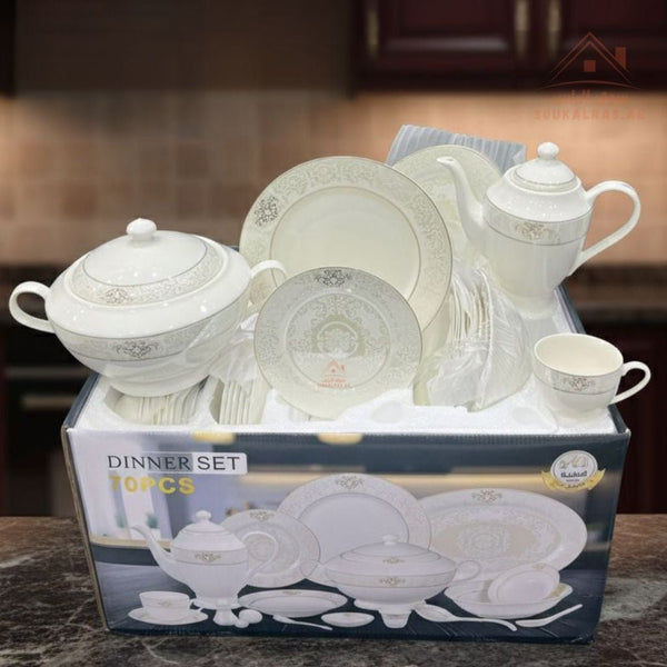 70 - Piece Fine Porcelain Dinner Set | Luxury White Dinnerware with Elegant Gold Pattern | Full Serving Set for 6 Guests - Souk Al Ras