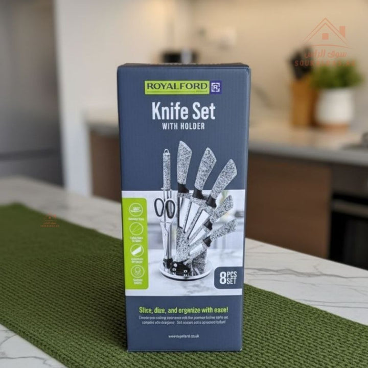 8Pc Kitchen Knife Set with Rotating Block - 5 Stainless Steel Knives - Souk Al RasCutlery & Flatware