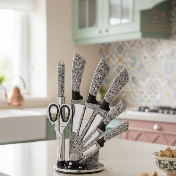 8Pc Kitchen Knife Set with Rotating Block - 5 Stainless Steel Knives - Souk Al RasCutlery & Flatware