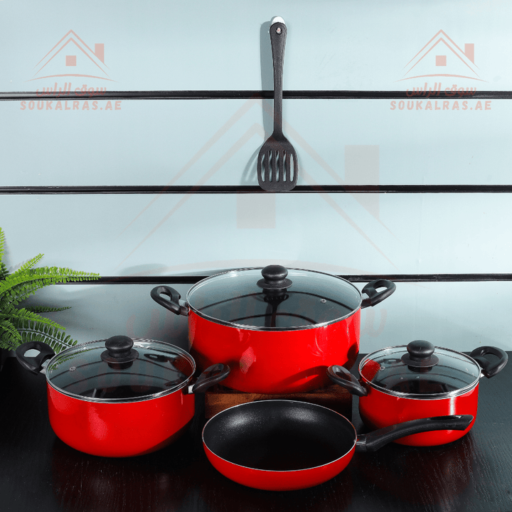 8Pcs Non Stick Cookware Set - Red - Souk Al RasCookware Sets