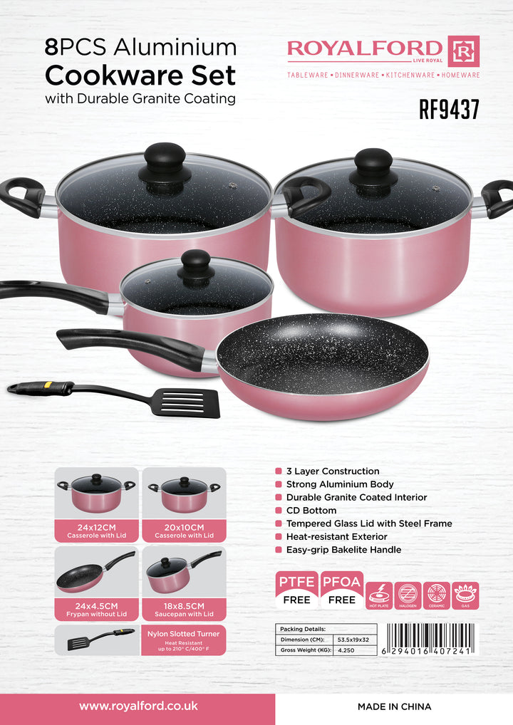 8pcs Aluminium Cookware Set with Granite Coating - 3 Layer Construction, Strong Aluminium Body, CD Bottom, Tempered Glass Lid with Steel Frame